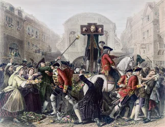 Uitzicht op Daniel Defoe in de schandpaal bij Temple Bar, omringd door een menigte